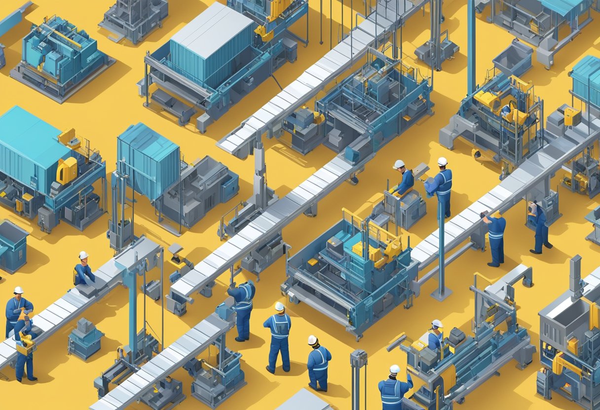 A bustling construction hoist factory with workers assembling and testing hoists of various sizes and capacities. Materials and parts are organized in neat rows, and the sound of machinery fills the air