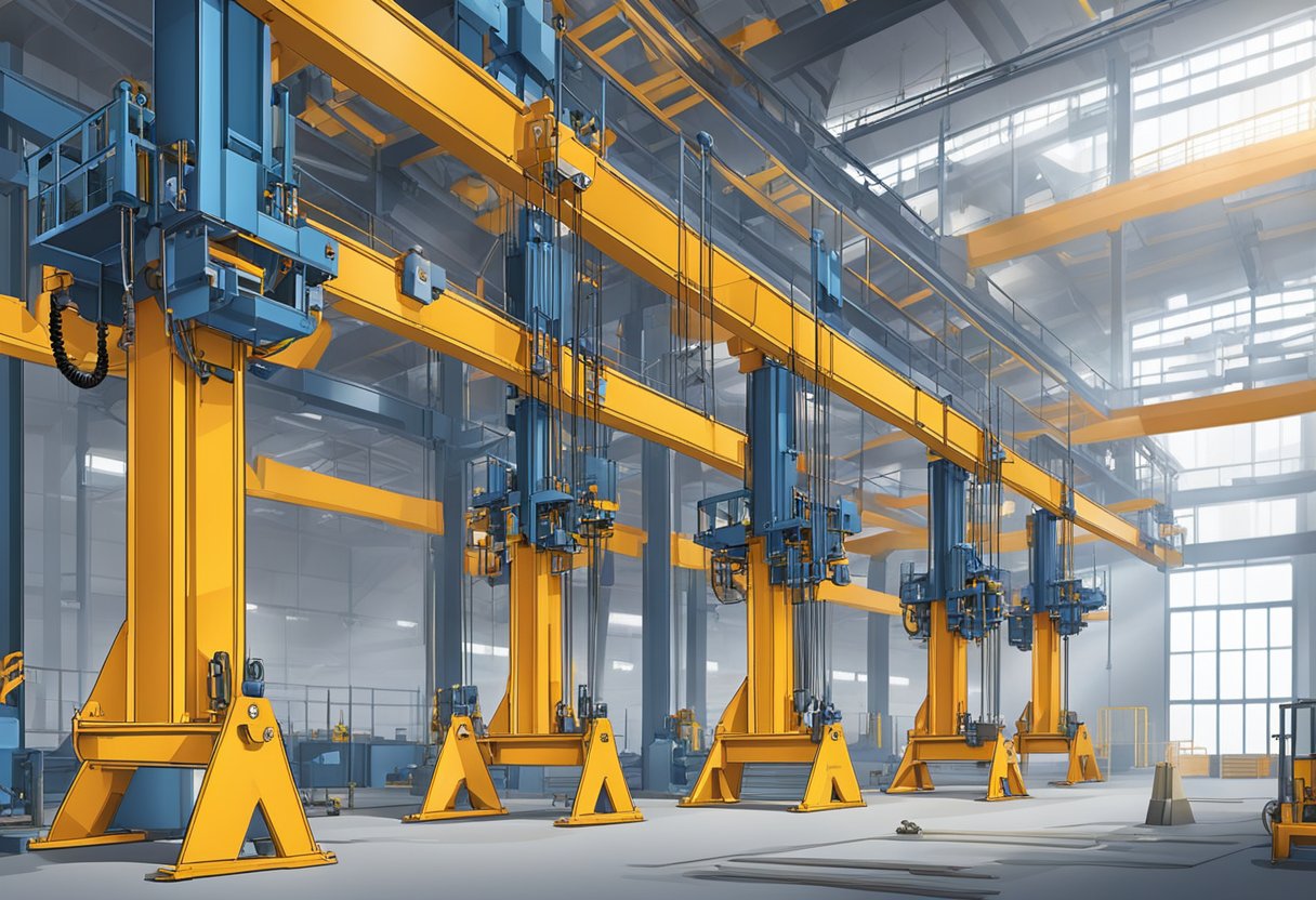 A construction hoist factory with various types of hoists being manufactured and assembled