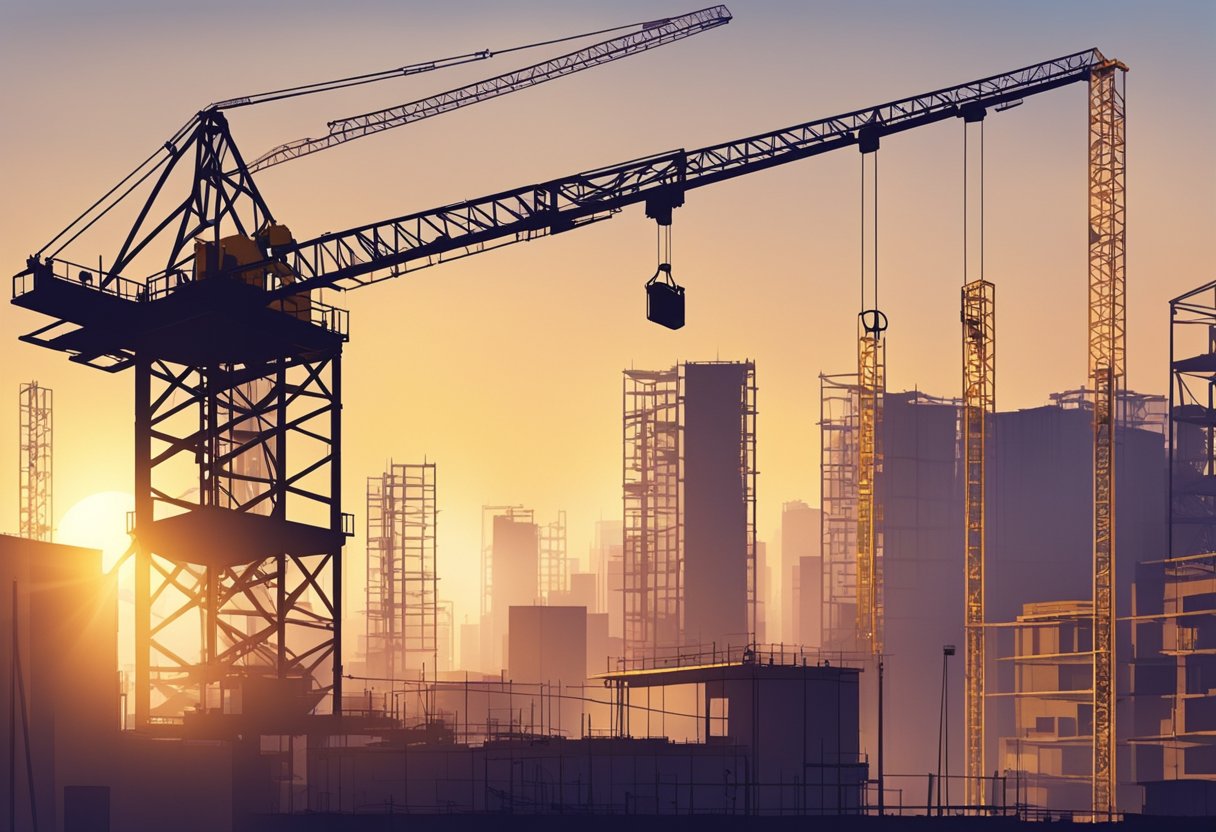 A construction hoist rises against a city skyline, surrounded by cranes and scaffolding. The sun casts long shadows across the bustling construction site