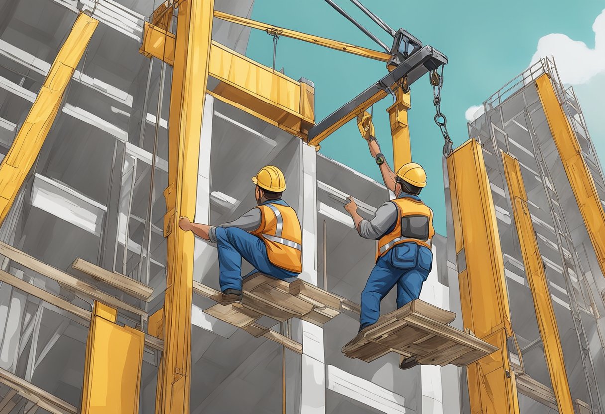 A construction man hoist lifts materials and equipment vertically on a construction site