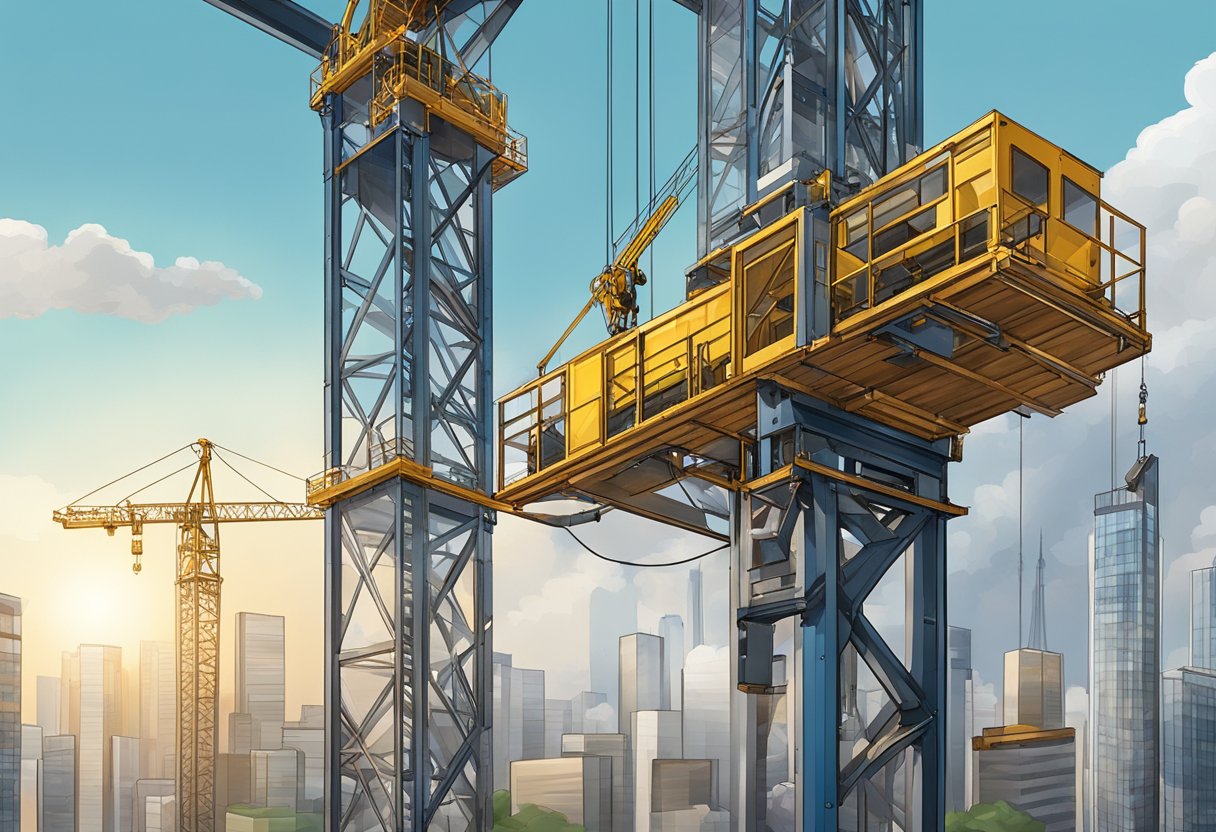 A high rise material hoist ascends against a city skyline, with steel beams and construction equipment in the background