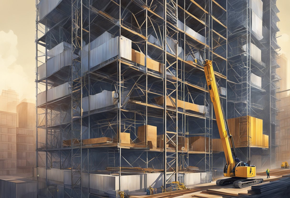 A high rise material hoist lifts steel beams onto a construction site