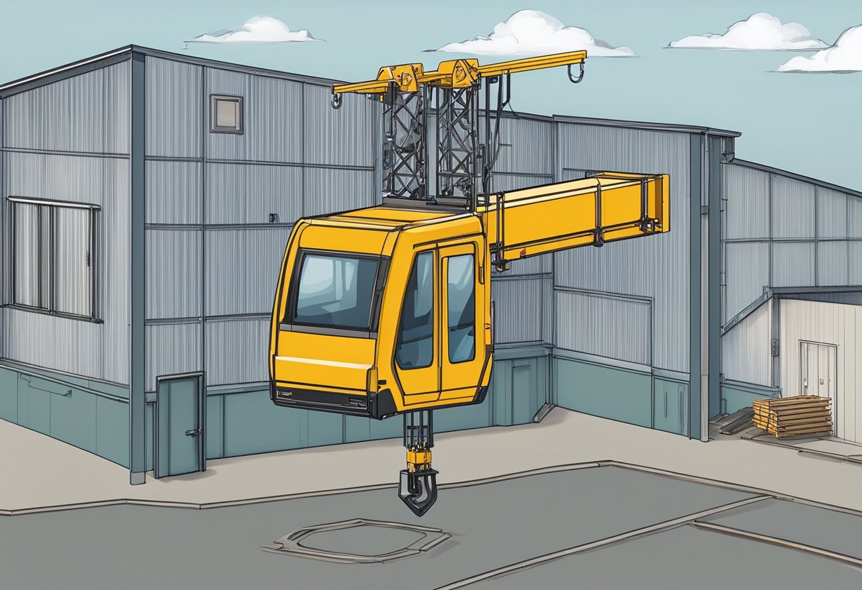 A passenger hoist with safety features and a weight capacity of 1000kg, suspended from a sturdy steel frame on a construction site