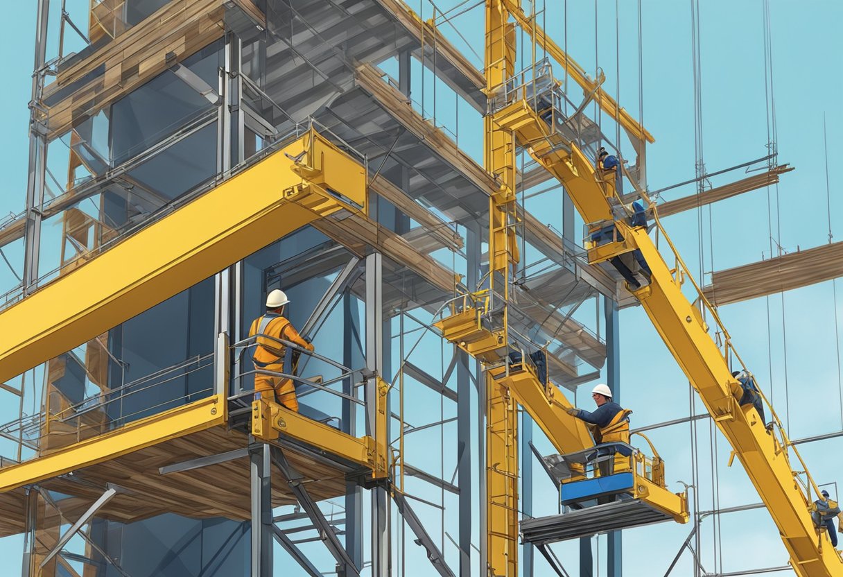 Builder hoists metal parts onto scaffolding