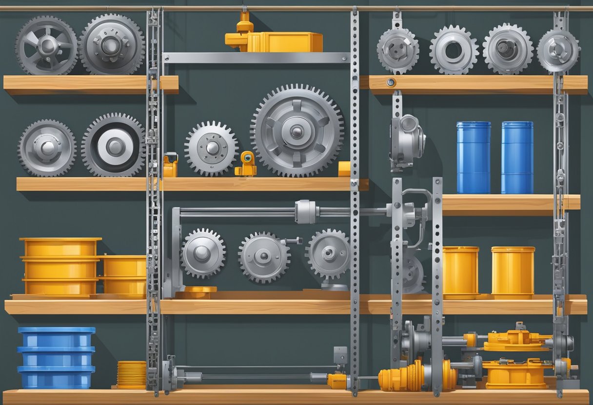 The construction hoist spare parts are neatly organized on shelves, including gears, cables, pulleys, and safety devices