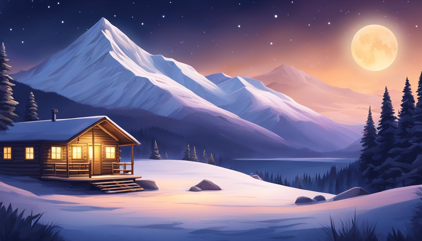 A snowy mountain landscape with a cozy cabin, hot springs, and a clear night sky for stargazing