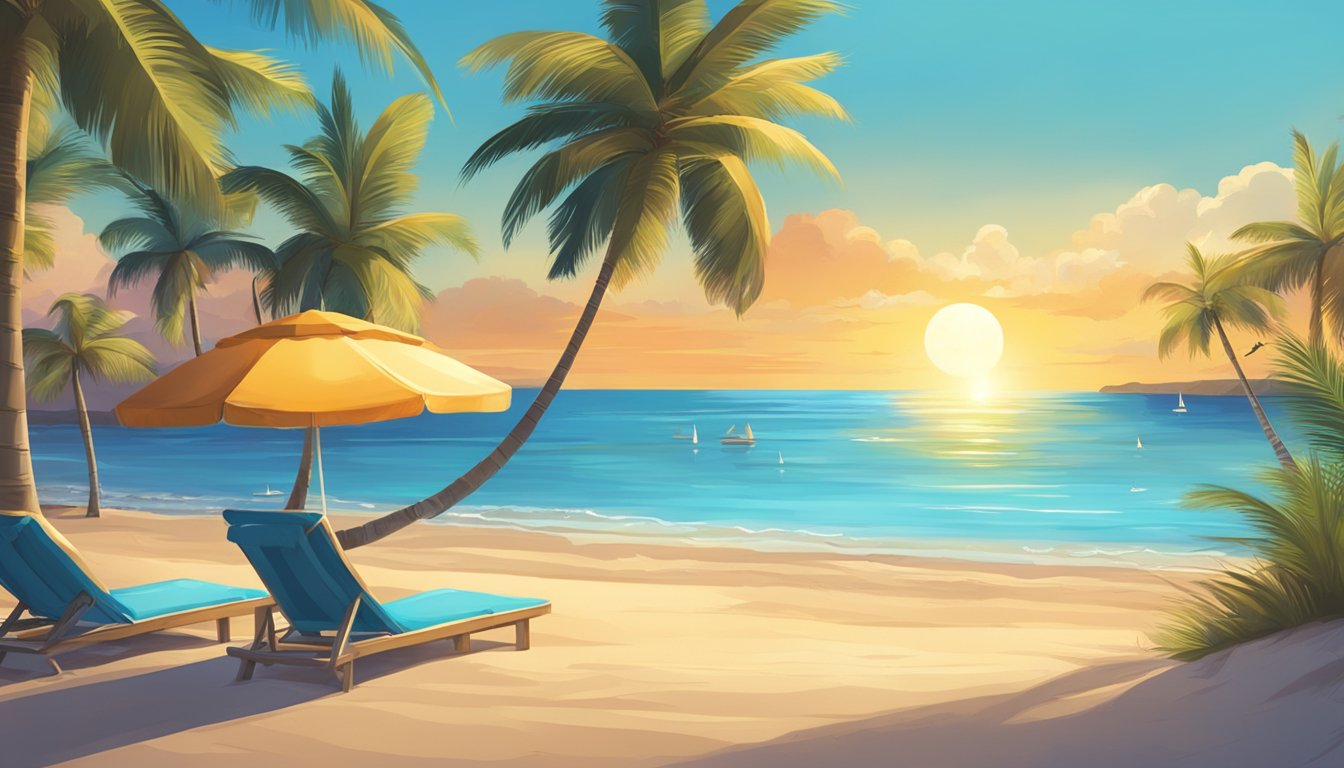 A vibrant beach scene with palm trees, clear blue waters, and a golden sunset. A couple of beach chairs and umbrellas are set up, inviting relaxation and enjoyment