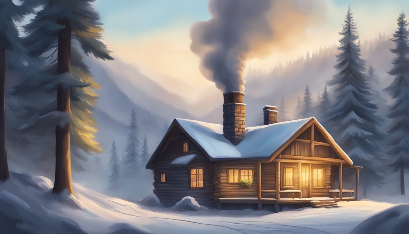 A cozy cabin nestled in a snowy forest, with smoke billowing from the chimney and a serene, untouched landscape surrounding it