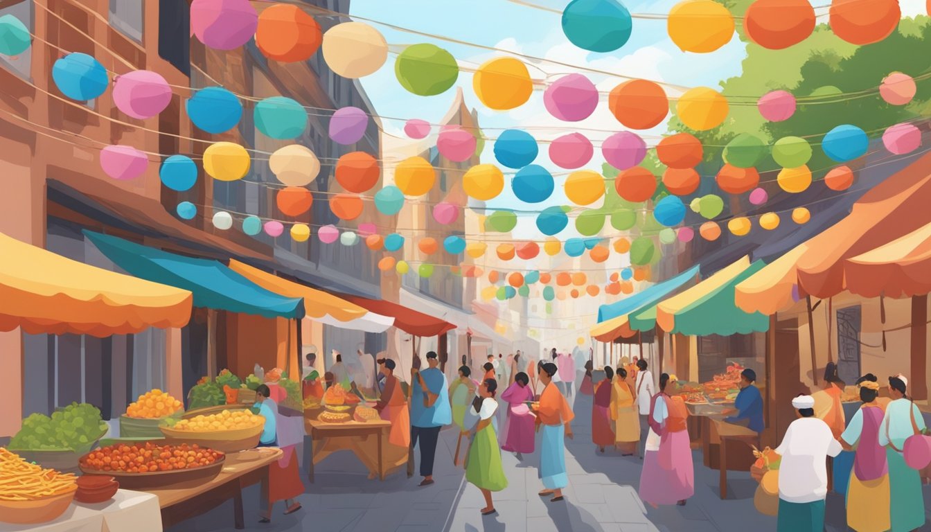 Colorful decorations, traditional music, and dancing fill the streets. Festive banners flutter in the breeze, while vendors offer a variety of international cuisine