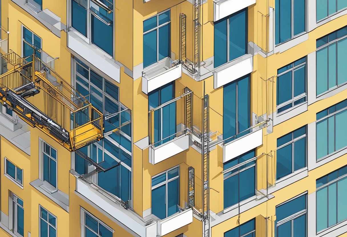 A construction tower hoist lifts materials to the top of a high-rise building. The hoist is attached to the side of the building, with workers loading and unloading materials