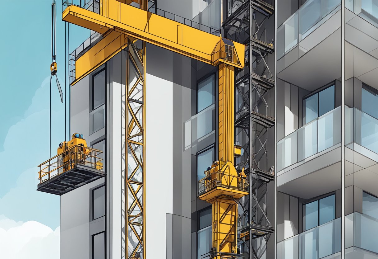 A construction tower hoist lifts materials on a high-rise building site