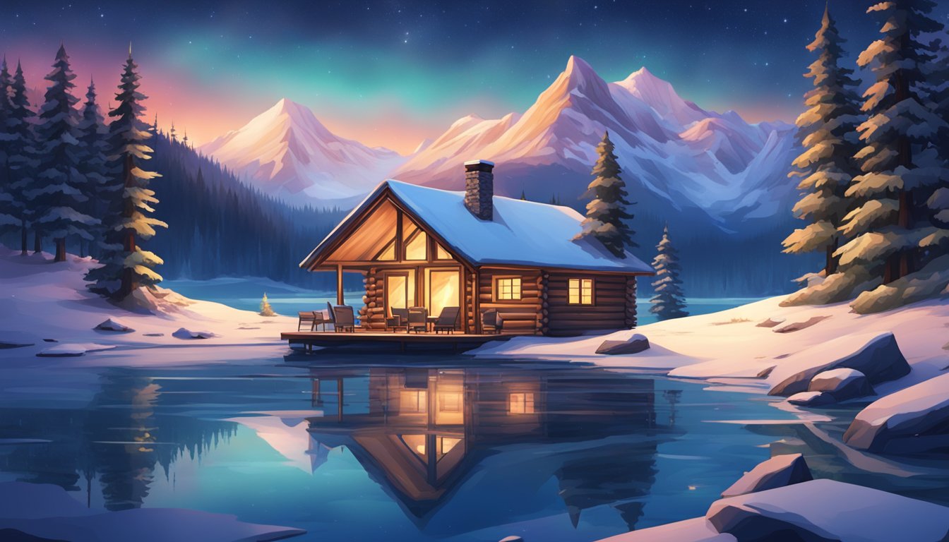 A cozy cabin nestled in a snowy forest, with a crackling fire and a hot tub under the stars, surrounded by mountains and a frozen lake