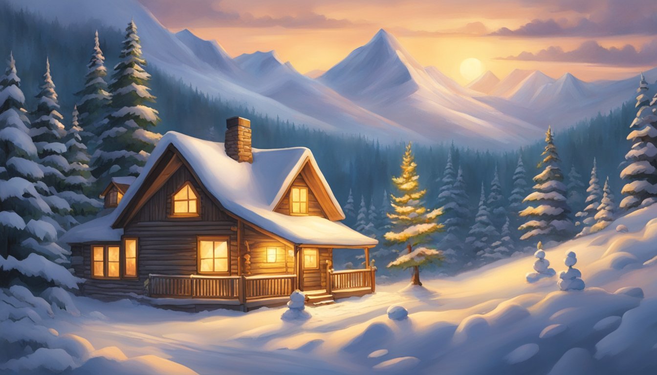 A cozy cabin nestled in a snow-covered forest, with a warm fire burning inside. Outside, families build snowmen and go sledding, while nearby mountains provide a picturesque backdrop