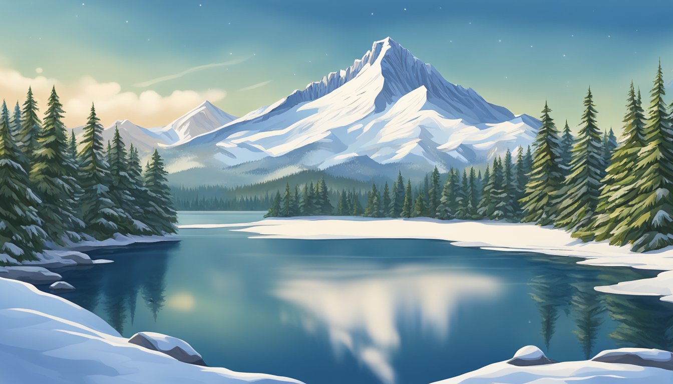 A snow-covered mountain peak with a clear blue sky, surrounded by evergreen trees and a peaceful, frozen lake in the foreground
