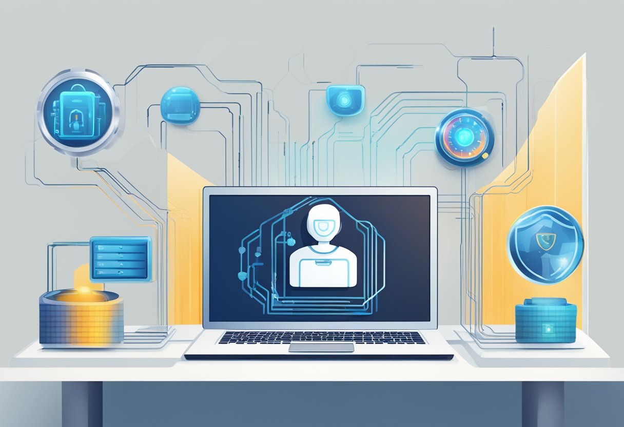 AI monitors data flow, shielded by a digital lock. Privacy is symbolized by a shield, while AI is represented by a vigilant, robotic figure