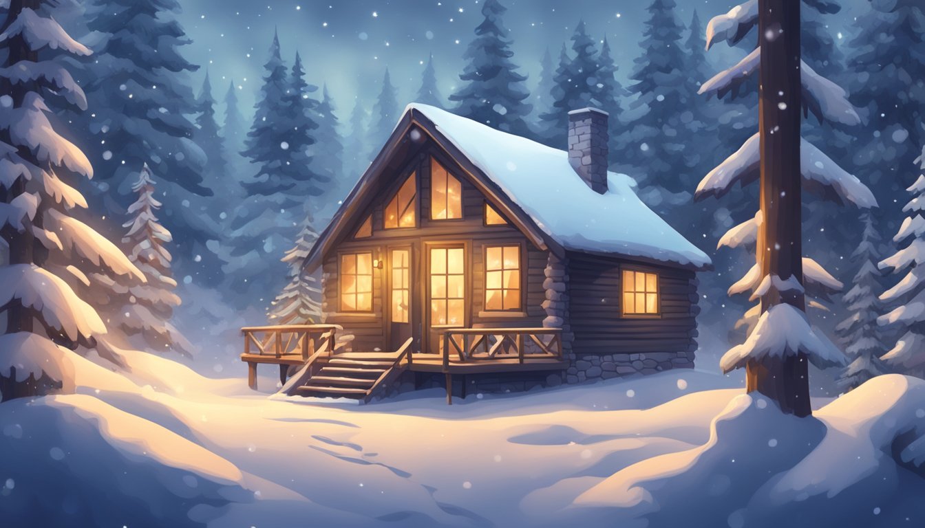 A cozy cabin nestled in a snowy forest, with a warm fire burning inside. Snowflakes gently falling outside, creating a peaceful winter wonderland