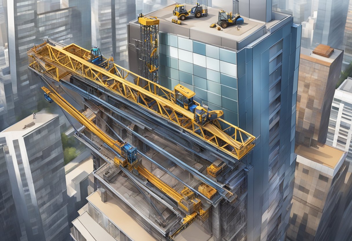 A construction hoist rises against a city skyline, with workers and materials being transported up and down the building