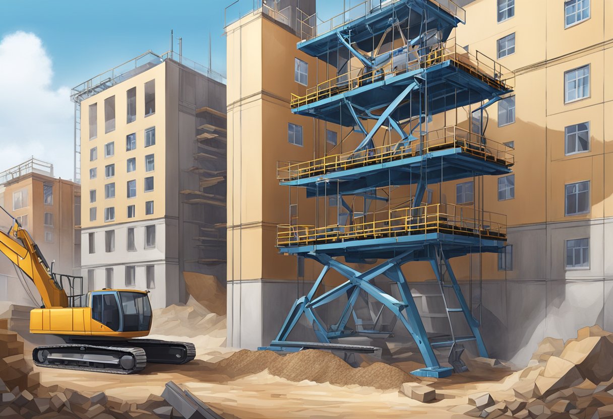 A material hoist elevator ascends against a backdrop of a construction site, with steel beams and machinery surrounding it