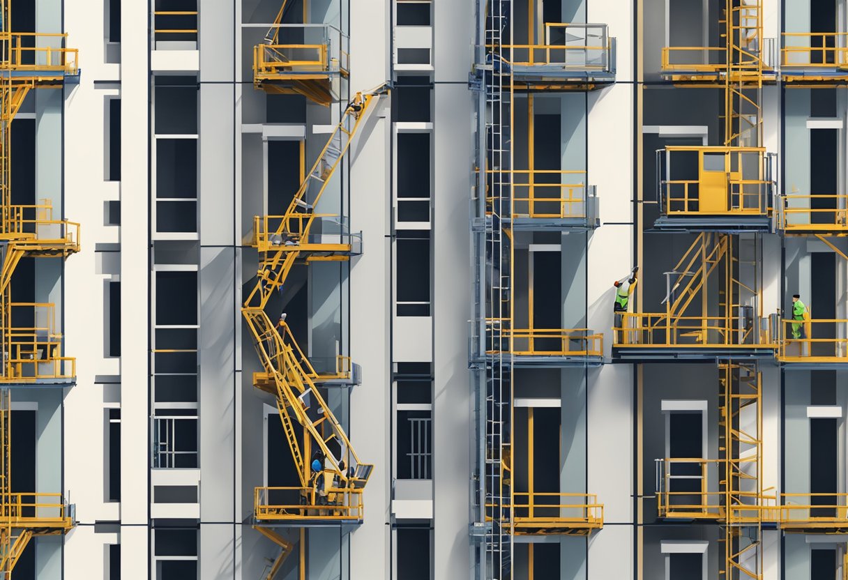 A construction lift ascends the side of a tall building, surrounded by scaffolding and construction materials