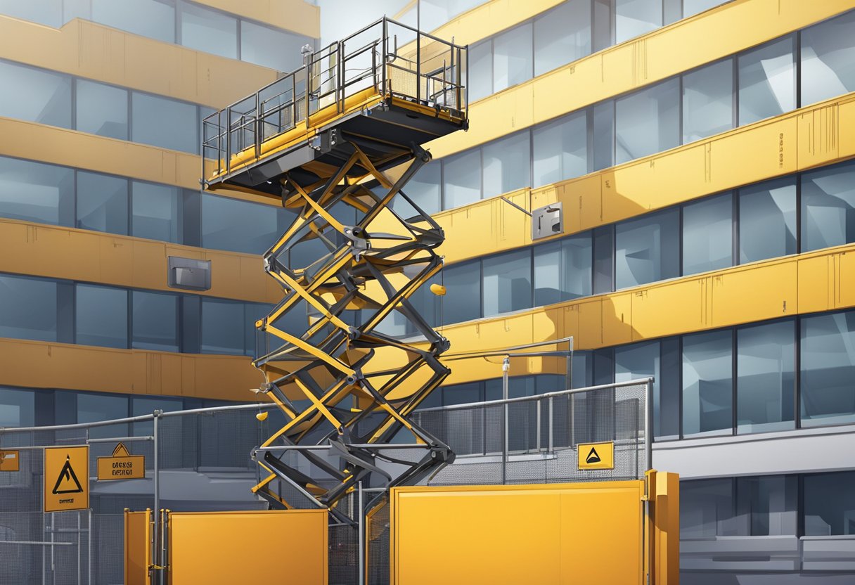 A construction lift ascends a building, surrounded by safety barriers and caution signs