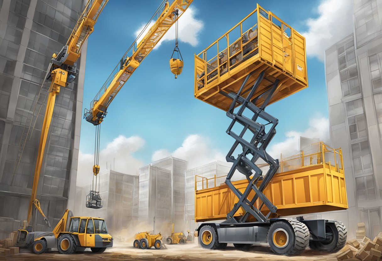 A material lift raises heavy construction supplies on a bustling work site