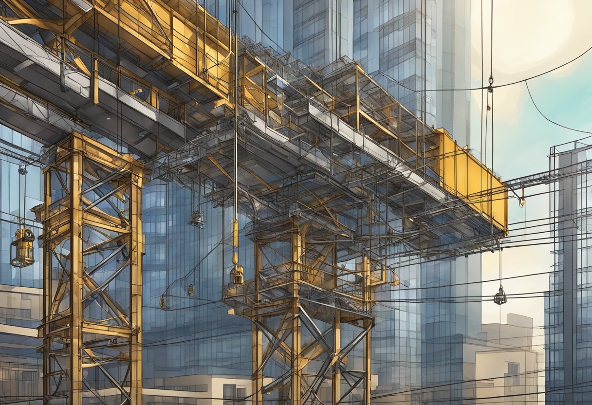 A construction hoist gear lifts materials high above a bustling urban construction site. Steel cables and pulleys create a web of mechanical motion