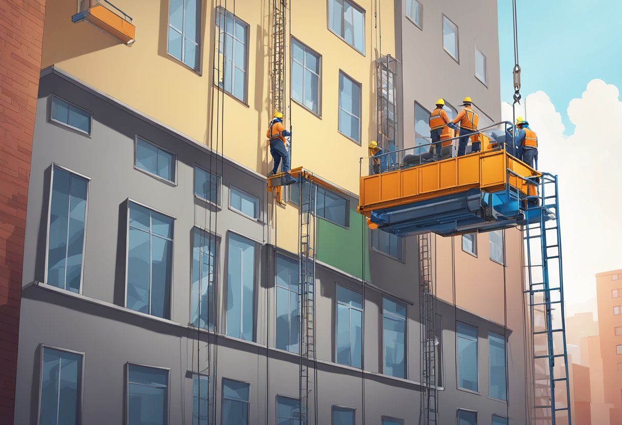 A construction hoist guide roller is mounted on the side of a building, with steel cables running through it, and workers below