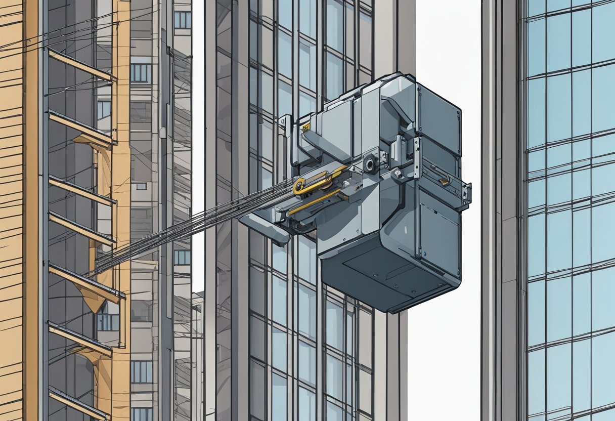 A construction hoist guide roller is installed on the side of a tall building, with steel cables running through it, and a pulley system guiding the movement of the hoist