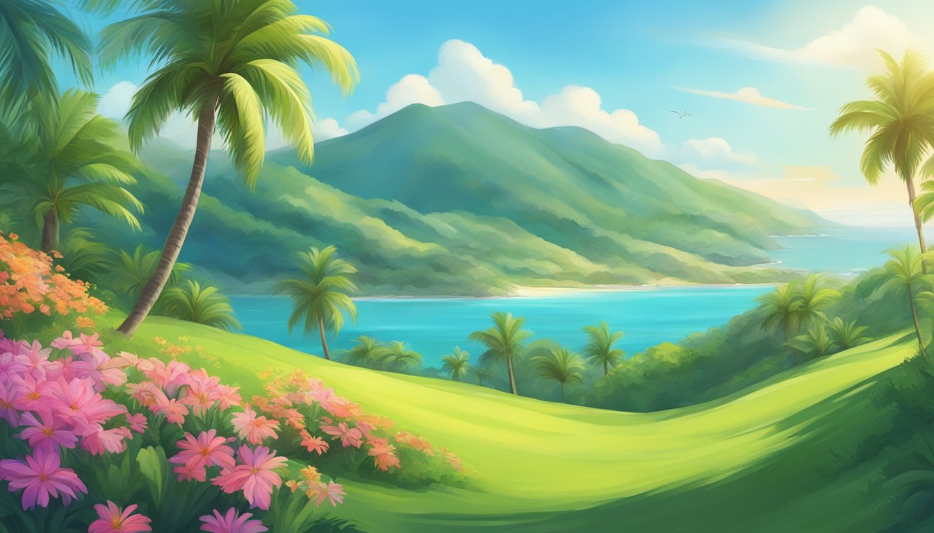 Lush green hills under a clear blue sky, with colorful flowers blooming and a gentle breeze blowing. A serene beach with crystal-clear waters and palm trees swaying in the wind