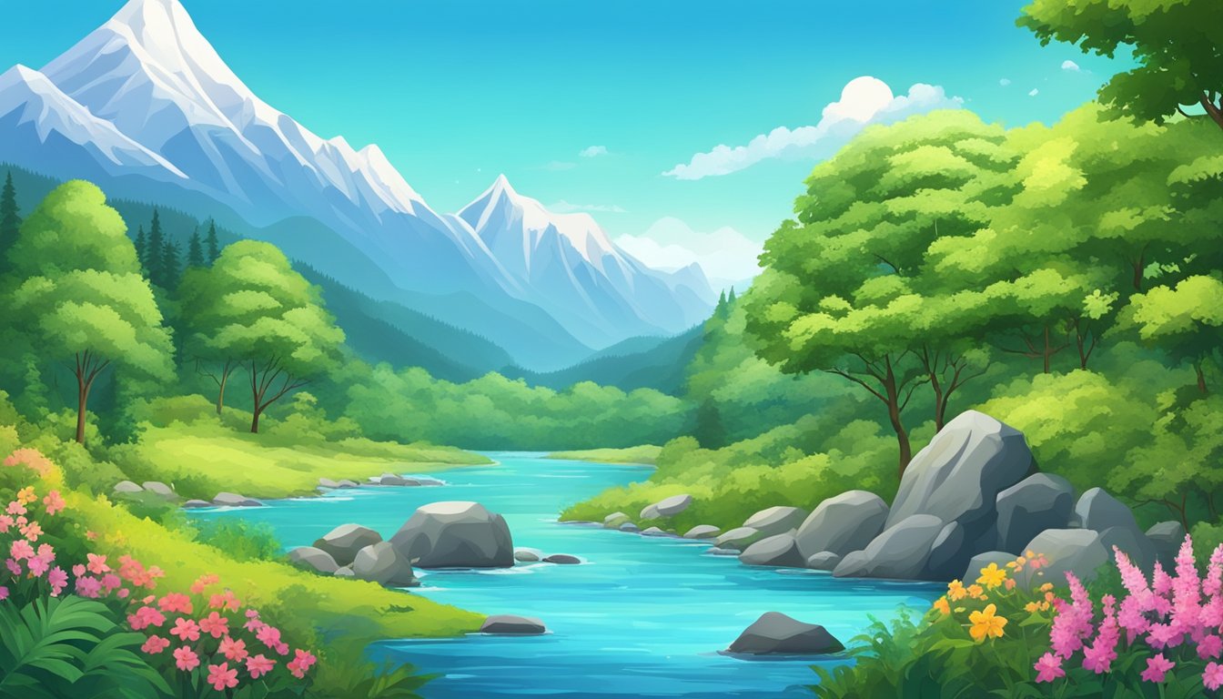 Lush green forest with diverse wildlife, blooming flowers, and clear blue skies. Sparkling rivers and majestic mountains in the background