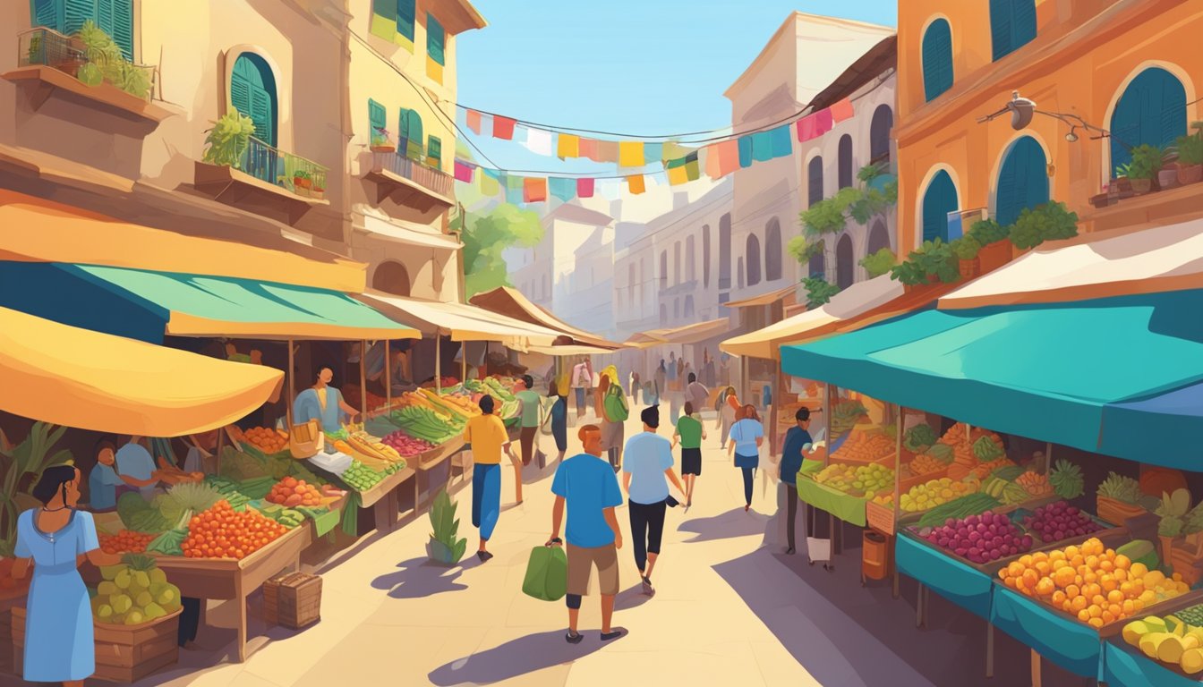 A colorful marketplace in a bustling city, with exotic fruits, vibrant textiles, and eager tourists exploring the unique travel experiences of March