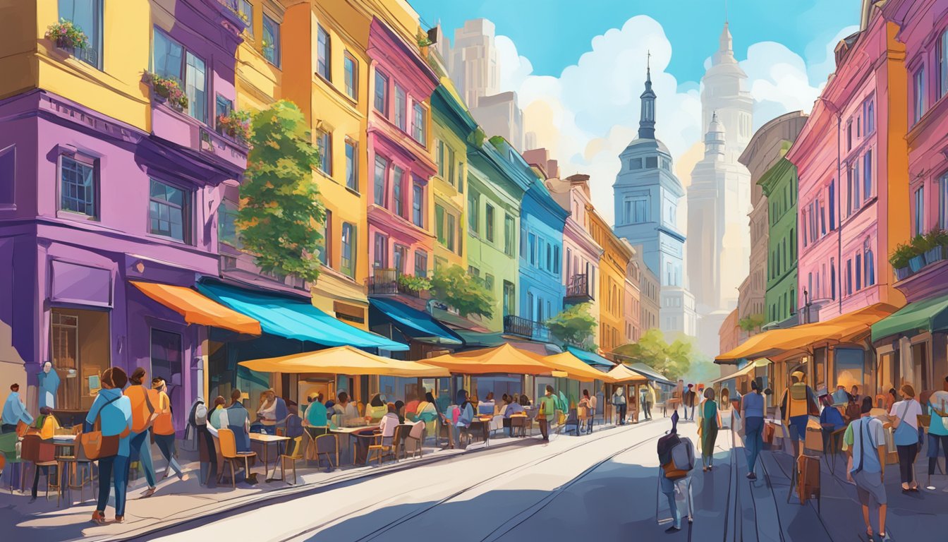 Busy city streets with colorful buildings, bustling markets, and iconic landmarks. People exploring cafes, museums, and vibrant street art. A mix of modern and historic architecture