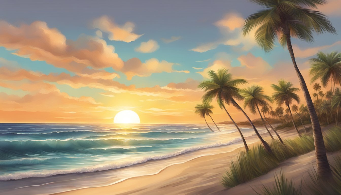 Sandy shore, calm waves, palm trees sway, sun sets over horizon