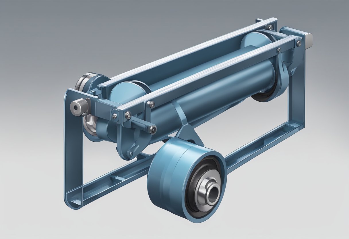 A construction hoist guide roller is mounted on a steel frame, with durable bearings and a smooth surface for guiding the hoist cable