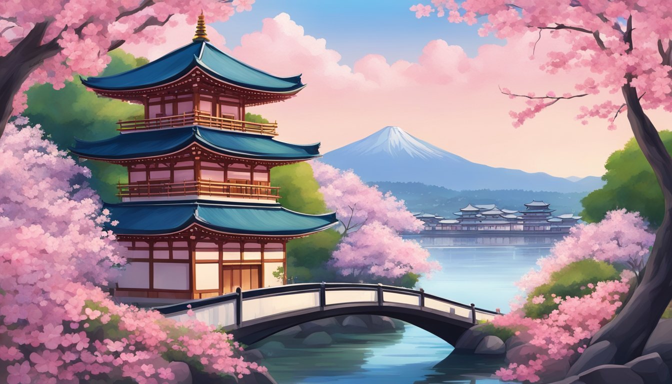 Lush cherry blossoms bloom in Kyoto, Japan. A serene temple surrounded by vibrant pink petals. Blue skies and tranquil waters complete the idyllic scene