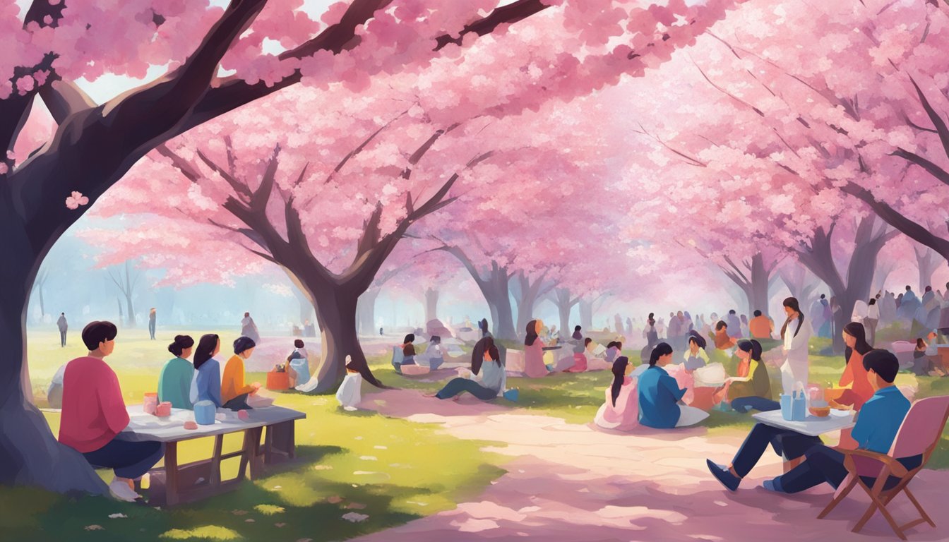 Vibrant cherry blossom trees in full bloom, with people picnicking and celebrating under the pink and white petals