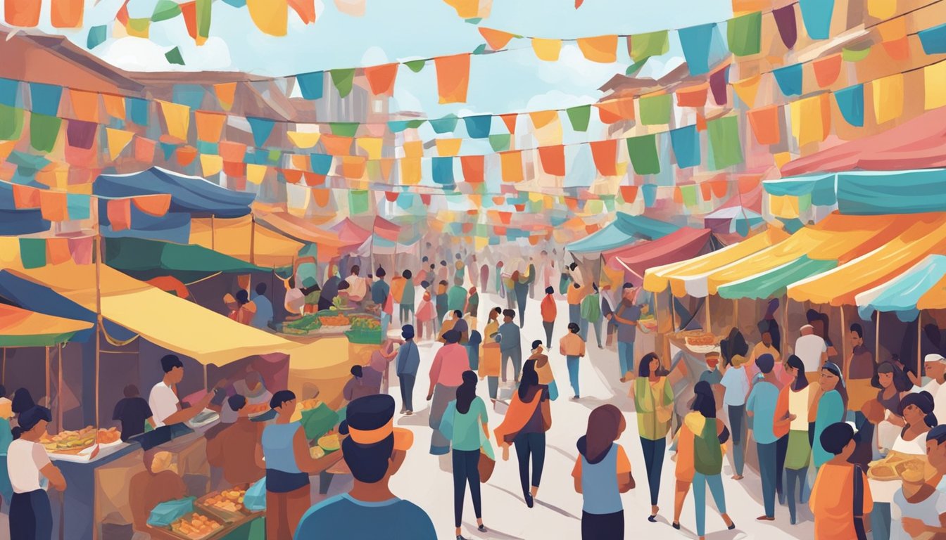 Colorful banners hang over bustling streets, with food stalls and live music. People gather to celebrate diverse cultures at a lively festival in April