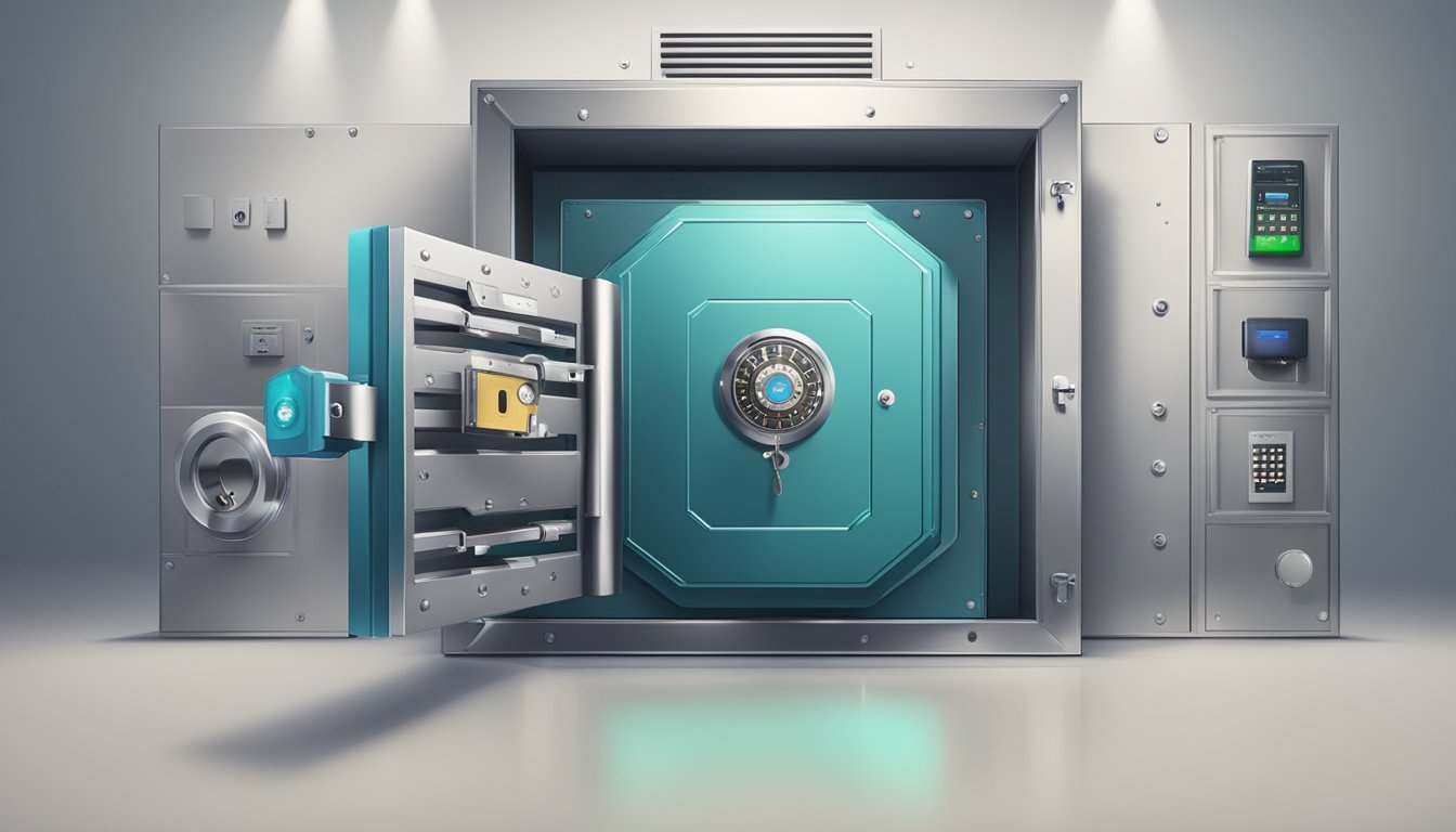 A secure vault with a shielded lock, surrounded by digital security systems and fraud protection measures