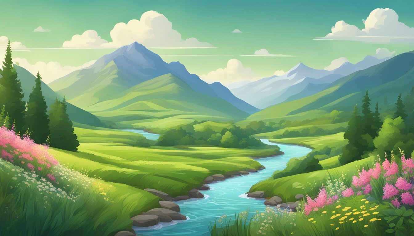 Lush green mountains, blooming wildflowers, and winding rivers in a tranquil natural landscape