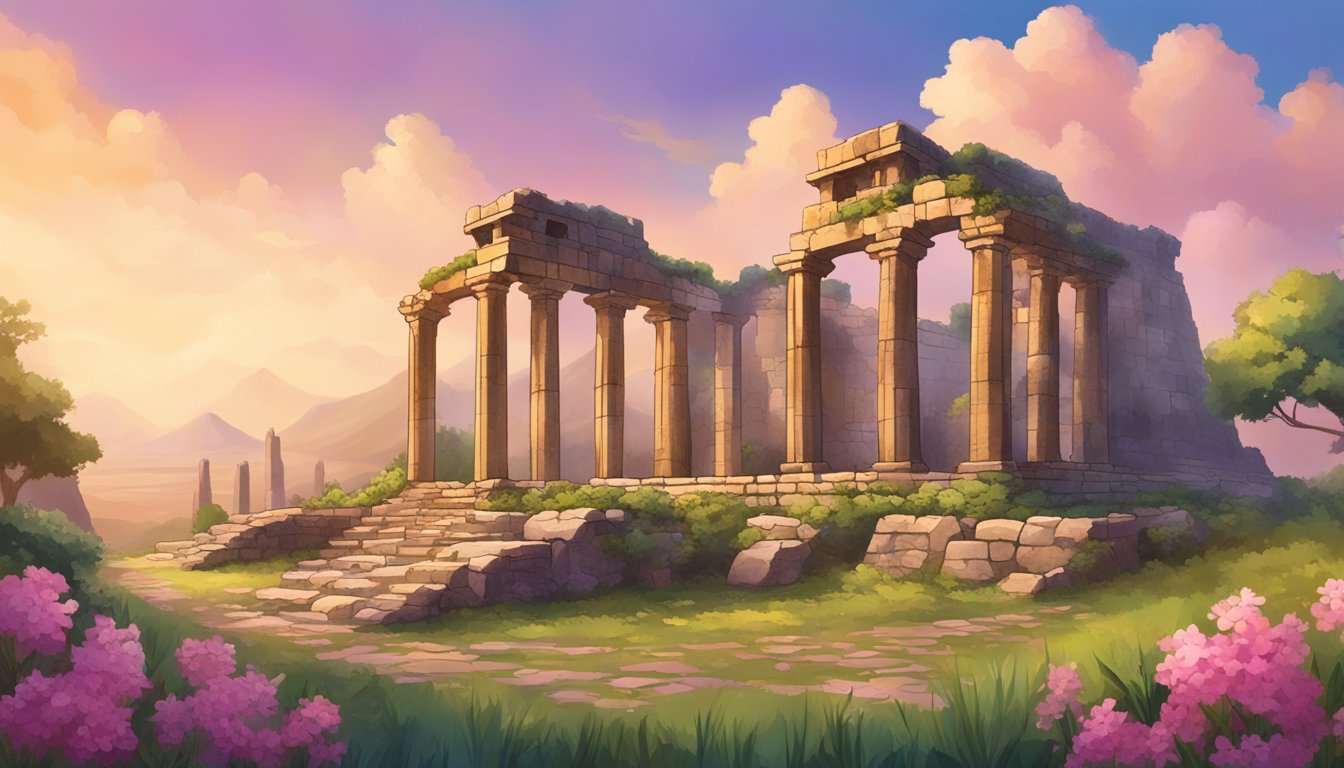 Ancient ruins stand against a colorful April sky, surrounded by lush greenery and blooming flowers, showcasing the historical and archaeological wonders of this travel destination