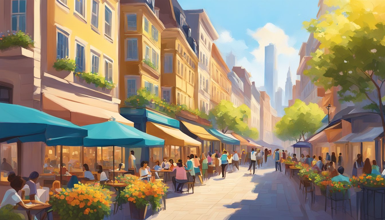 The bustling city streets are alive with colorful buildings, blooming flowers, and bustling outdoor cafes. The warm April sun illuminates the vibrant cityscape, creating a lively and inviting atmosphere for travelers