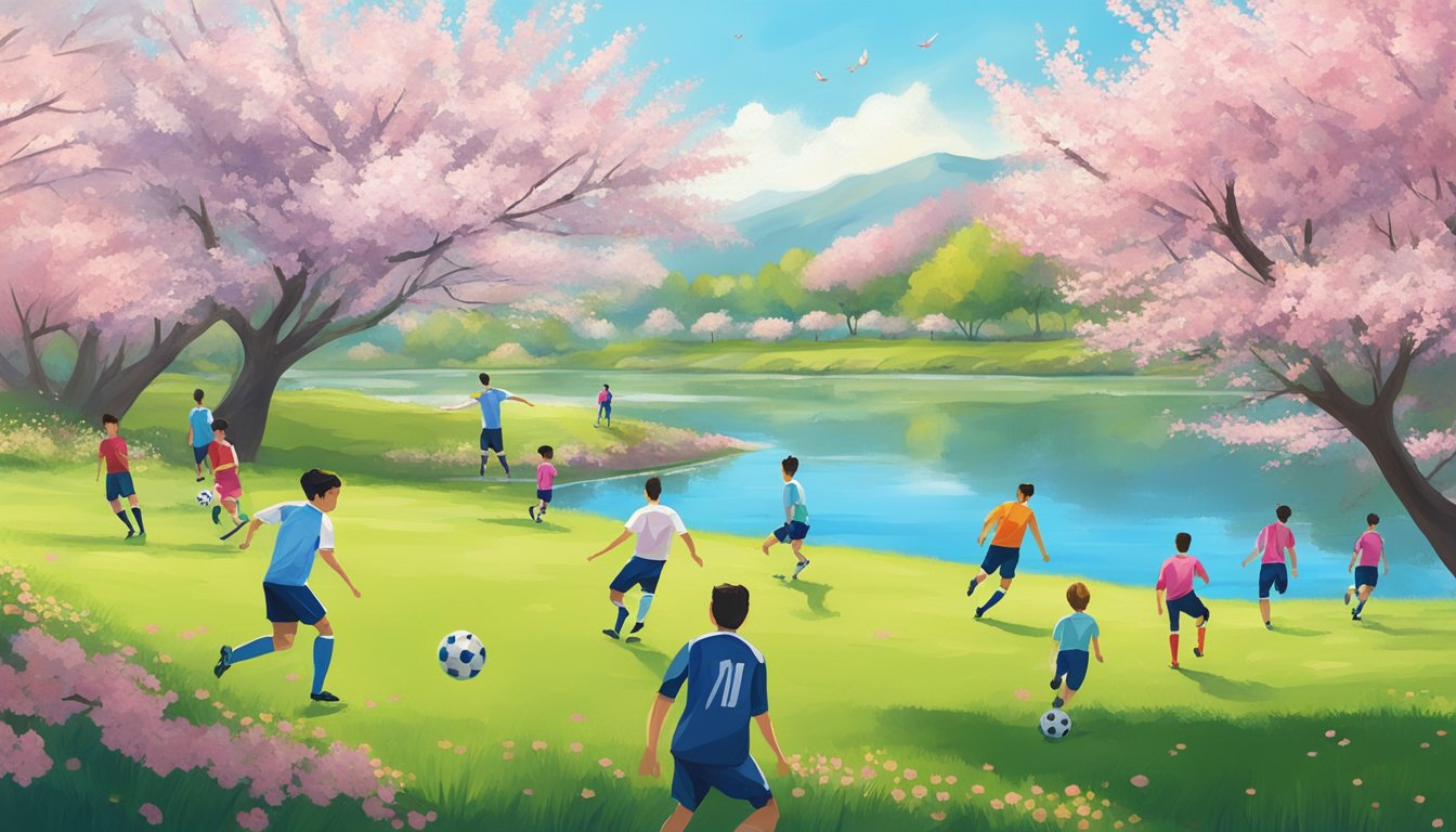 People playing soccer on a green field surrounded by blooming cherry blossoms and a clear blue sky. A nearby lake reflects the vibrant colors of the spring landscape