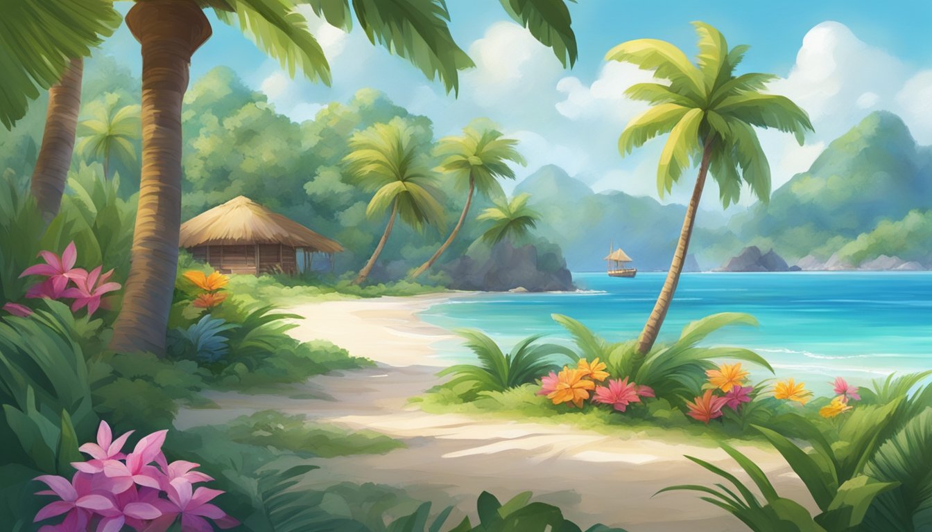 Tropical island with lush greenery, crystal-clear waters, and sandy beaches. Palm trees sway in the gentle breeze, and colorful flowers bloom. A sense of adventure and relaxation permeates the scene