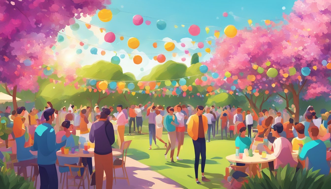 A vibrant festival in a lush garden with colorful decorations, music, and people celebrating under the sunny April sky