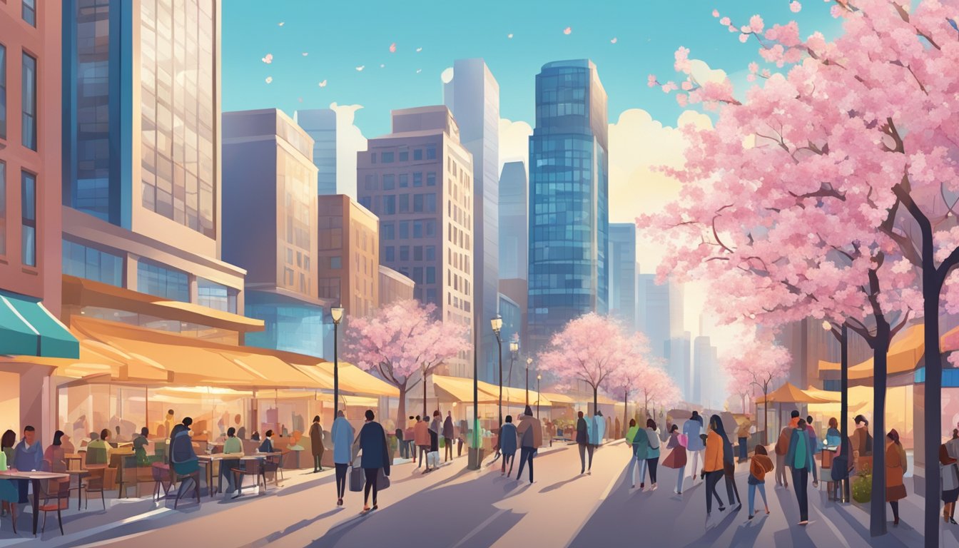 Busy city streets with blooming cherry blossoms, tall skyscrapers, and bustling cafes. People enjoying outdoor activities and vibrant city life