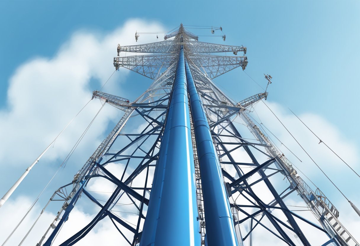 A large mast section stands tall against a clear blue sky