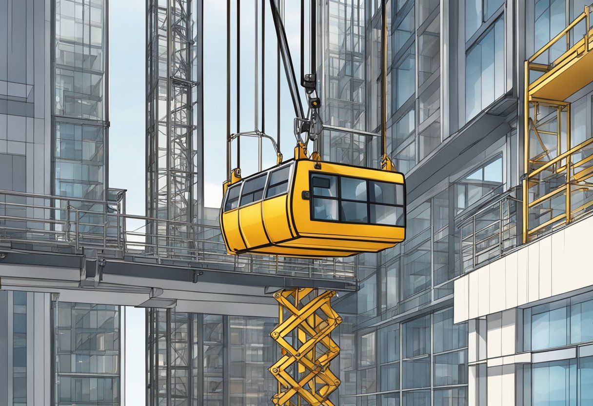 A passenger hoist roller ascends a high-rise construction site, with steel beams and safety harnesses in the background