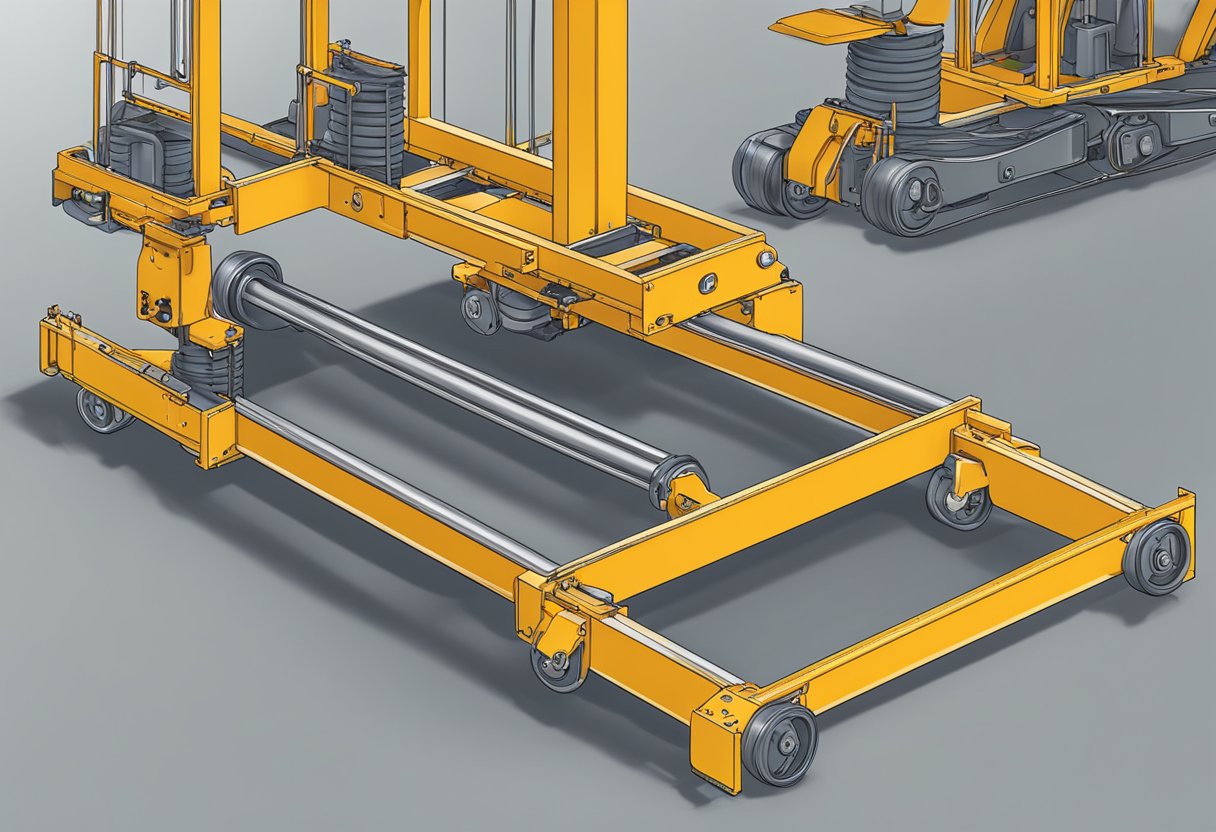 A passenger hoist roller sits atop a metal frame, with multiple wheels attached for smooth vertical movement