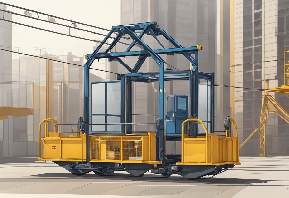 A passenger hoist roller made of durable steel and equipped with safety features, suspended from a sturdy frame on a construction site