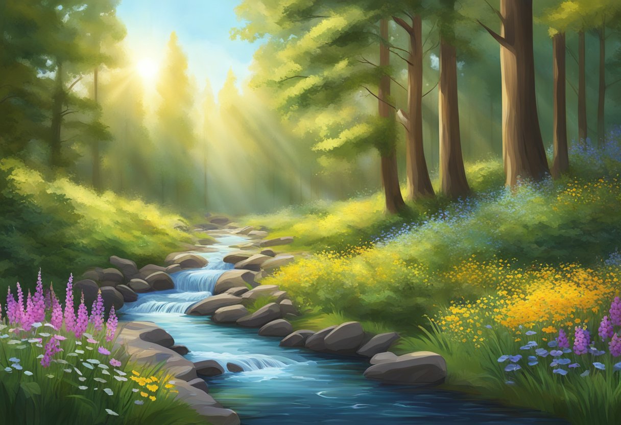 A serene forest clearing with a babbling brook, dappled sunlight, and vibrant wildflowers